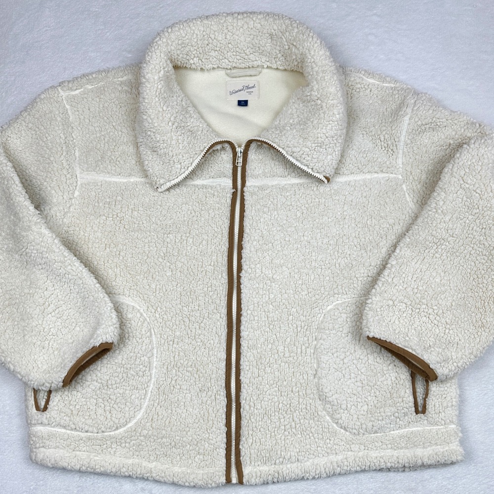 Universal Thread Womens XXL Sherpa Fleece Jacket Cream Full Zip Brown Trim Boxy